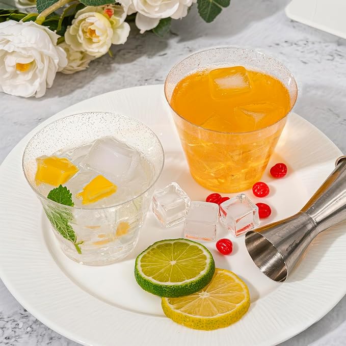 I00000 9oz 200 Pack Silver Plastic Cups, 9 Ounce Plastic Wine Cups with Silver Glitter Design, Fancy Wedding Cup, Cocktail Disposable Cup, Perfect for Parties, Wedding and Festival Events