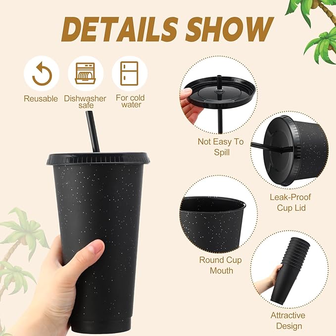 Honeydak 60 Pack Tumbler with Straw and Lid Bulk Cups for Gifts Glitter Plastic Coffee Cups 24-27 oz Reusable Water Bottle Iced Coffee Travel Mug Party Favors for Birthdays Travel (Black)