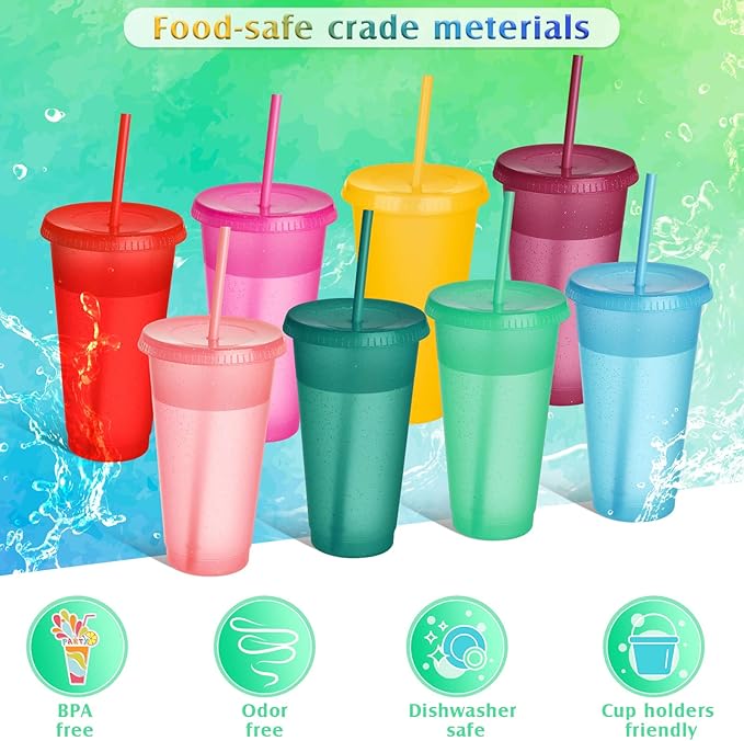 Honeydak 30 Pack Tumbler with Straw and Lid Bulk Glitter Plastic Cups Water Bottle Iced Coffee Travel Mug Reusable Party Favor Cups for Birthdays travel 24-27 oz (Assorted Color)