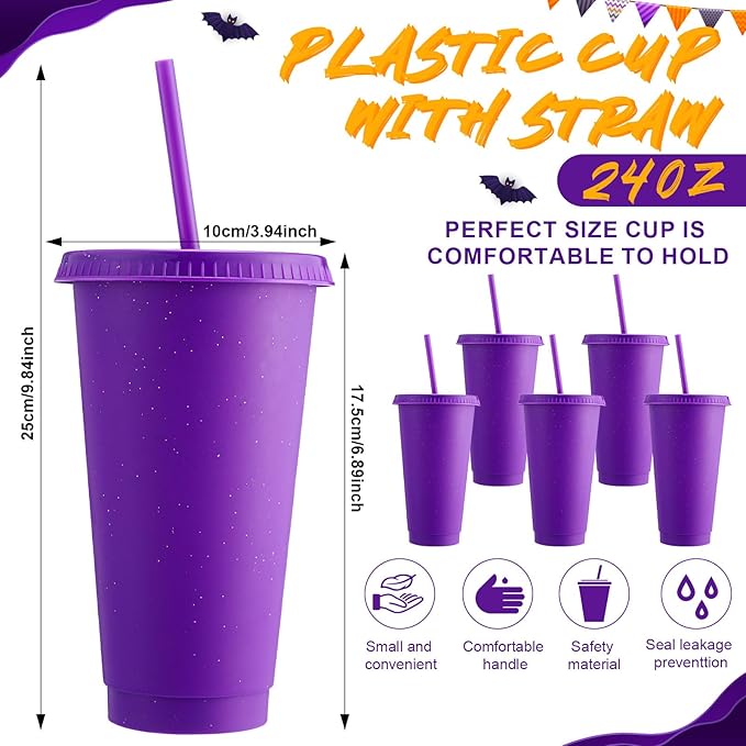 Honeydak 60 Pack Tumbler with Straw and Lid Bulk Cups for Gifts Glitter Plastic Coffee Cups 24-27 oz Reusable Water Bottle Iced Coffee Travel Mug Party Favors for Birthdays Travel (Purple)