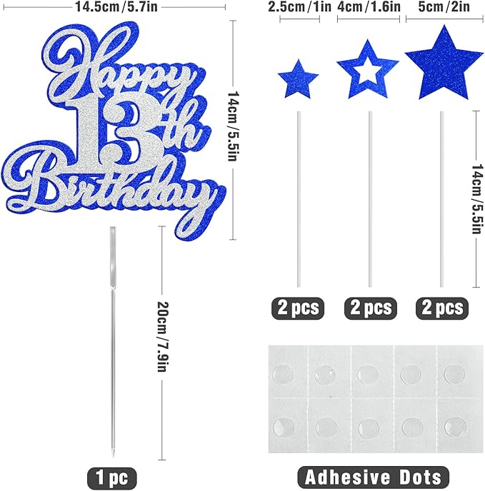 Happy 13th Birthday Cake Topper 13 Teenager Birthday Cake Decorations, Happy 13th Birthday Anniversary Party Cake Decorations for Boy Girl, Blue Silver Glitter