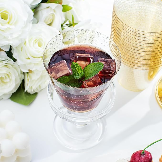 I00000 60 pcs Gold Plastic Cups - 9 OZ Hard Gold Glitter Plastic Cups For Cocktail and Drinking - Premium Disposable Cup with Gold Glitter For Fancy Wedding Party Cup