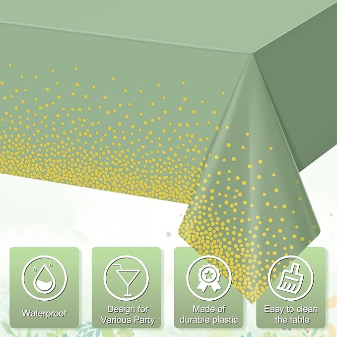 6 Pack Sage Green and Gold Plastic Tablecloth, Green Disposable Table Cloth for Rectangle Tables, Gold Stamping Dot Light Green Tablecloth for Baby Shower Birthday Wedding Party Decorations, 54"x108"