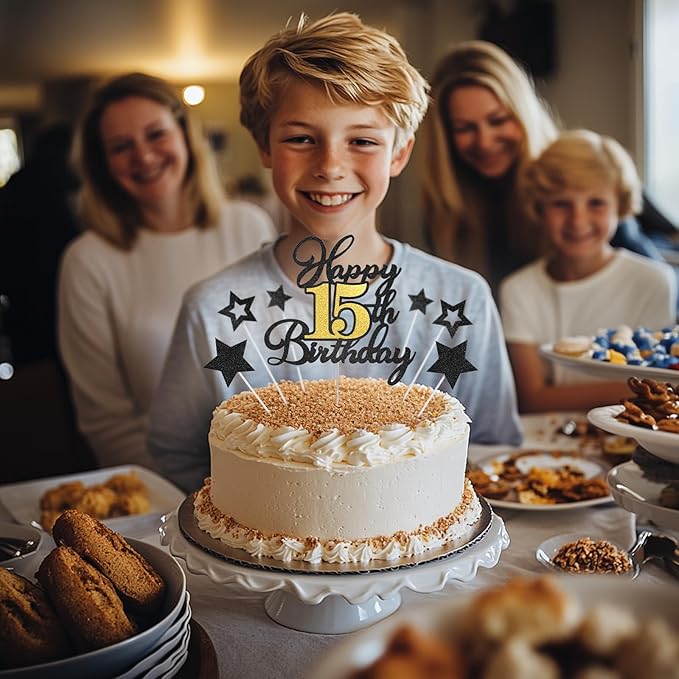 Happy 15th Birthday Cake Toppers, Black Gold Glitter Cake Decorations Set, 15th Birthday Decor for Boy Girl, Birthday Anniversary Party Decorations Supplies