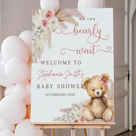 Pink Teddy Bear Baby Shower Welcome Sign We Can Bearly Wait Pampas Grass Girl, Boho Teddy Bear Cute Baner #16