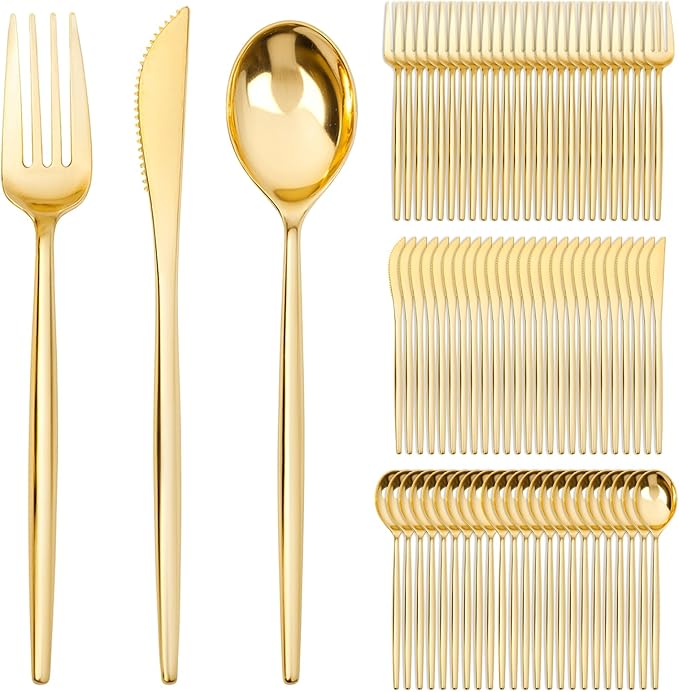 SUT 600 Pcs Gold Plastic Silverware, Gold Disposable Utensils, Heavy Duty Cutlery Set, Disposable Silverware Set Include 200 Forks, 200 Spoons, 200 Knives Heavy Duty Flatware for Party
