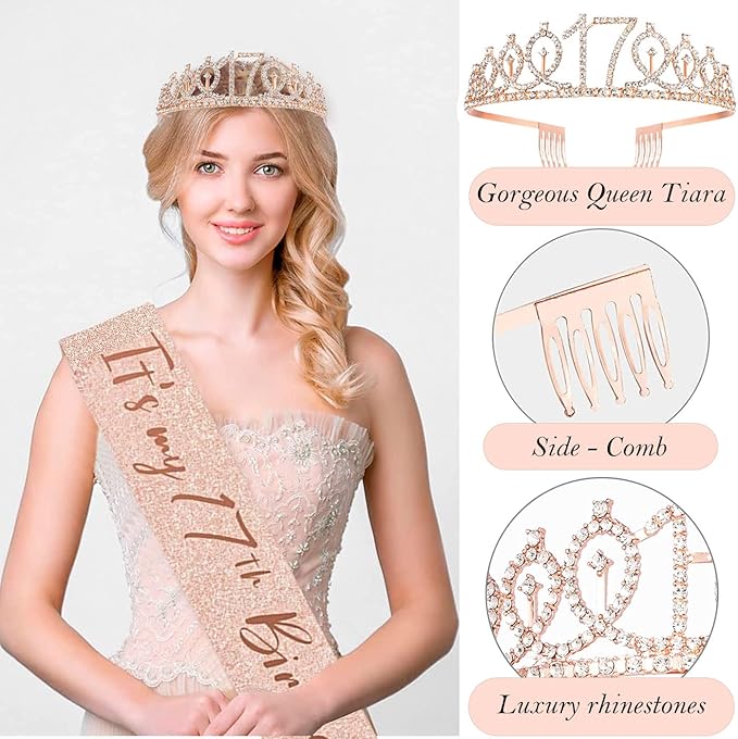 17th Birthday Decorations for Girls, 17th Birthday Sash and Crown, Cake Topper, Number Candles and Balloons, 17 Year Old Gifts for Girls