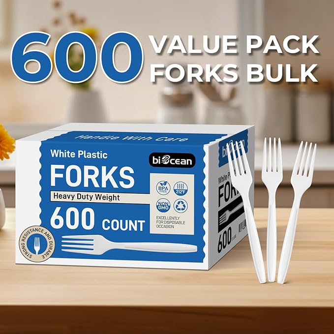 600Pack Disposable Plastic Forks Bulk White Heavy Duty Silverware - Value Pack Cutlery Set For Parties, Restaurant (600FORKS)