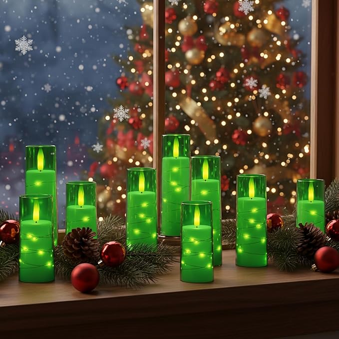 Raycare Flameless Candle with Remote Timer – 5 Flickering Acrylic Battery Operated LED Pillar Candles with Embedded Star String for Christmas, Home Decor, and as a Gift(Green)