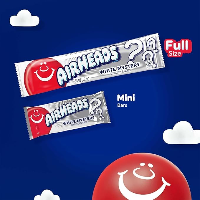 Airheads Full-Size Candy Bars, Taffy Candy Bulk Pack, Individually Wrapped, White Mystery Fruit Flavor Artificially Flavored, 36 Count Box