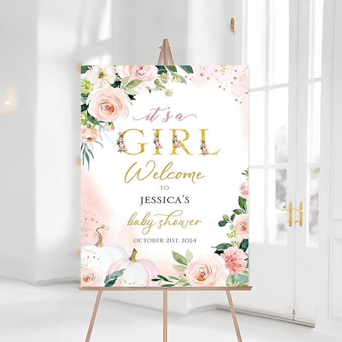 It's Girl Welcome Sign, Baby Girl Sign For Baby Shower, Baby Shower Welcome Sign With Stand, Floral Baby Shower Sign Decoration, Girl Baby Shower Decorations