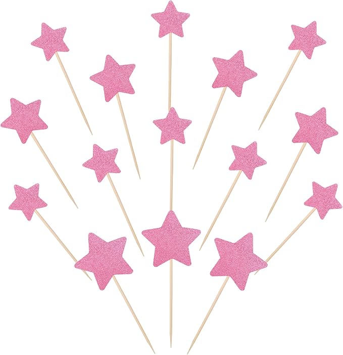 30 PCS Little Star Cupcake Toppers Glitter Twinkle Star Cupcake Picks Wedding Engagement Bridal Shower Baby Shower Birthday Party Cake Decorations Supplies Mixed Size Pink