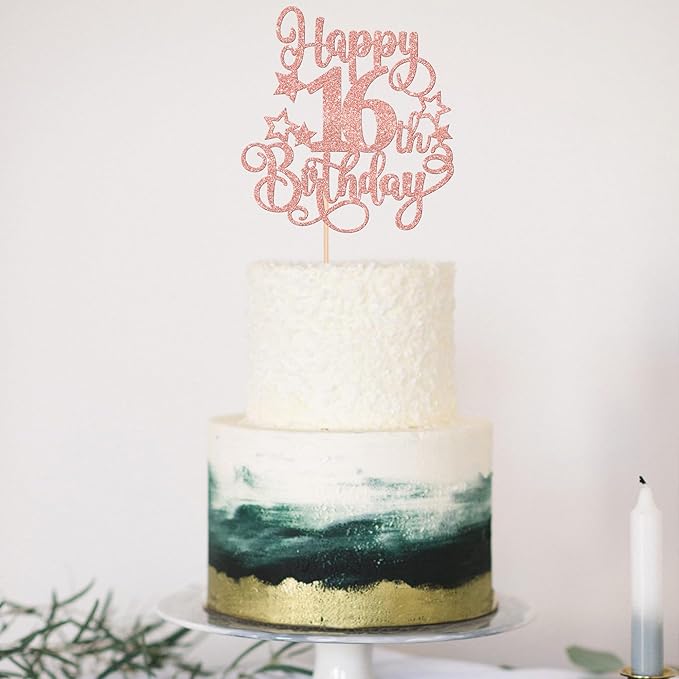 1 PCS Happy 16th Birthday Cake Topper Glitter Cheers to 16 Years Birthday Cake Pick Hello 16 Fabulous Cake Decoration for Happy 16th Birthday Anniversary Party Decorations Supplies Rose Gold