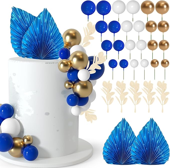 NEBURORA 64 Pcs Balls Cake Toppers and Leaves Decoration Set Mini Balloons for Cake Decorating Supplies Balls Cake decorations for Baby Shower Cake Toppers Birthday Cake Decorations(Blue Gold）