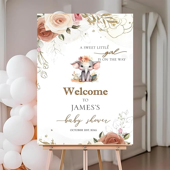 Personalized Baby Shower Sign, Floral, Elephant & Woodland Animals, Full Size, Plastic, Cottage Style