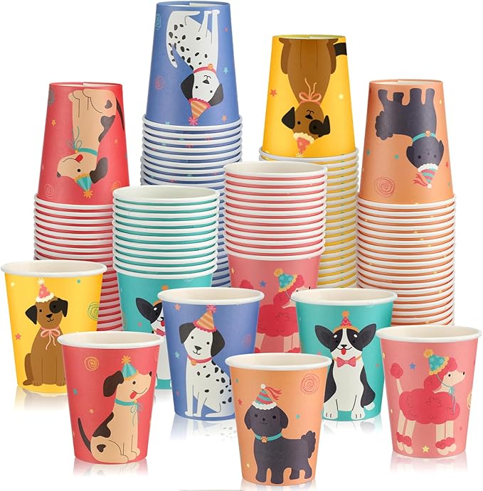120 Pack Dog Themed Party Disposable Cups Bulk 9 oz Drinking Paper Puppy Cups for Birthday Baby Shower Party Supplies Home Office Travel