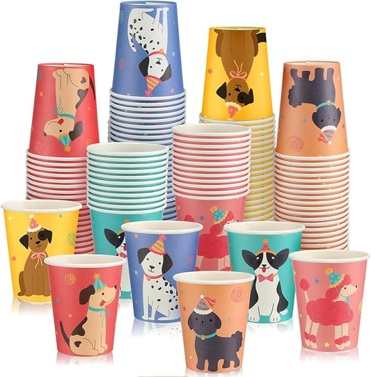 120 Pack Dog Themed Party Disposable Cups Bulk 9 oz Drinking Paper Puppy Cups for Birthday Baby Shower Party Supplies Home Office Travel