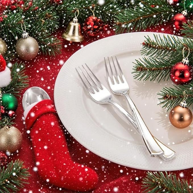 Liacere 100 Pack Silver Plastic Silverware-Pre Wrapped cutlery and Napkin-Pre Rolled Silverware Disposable 100 Forks, 100 Knives 100 Spoons, 100 Napkins Plastic Utensils＆Christmas＆New Year