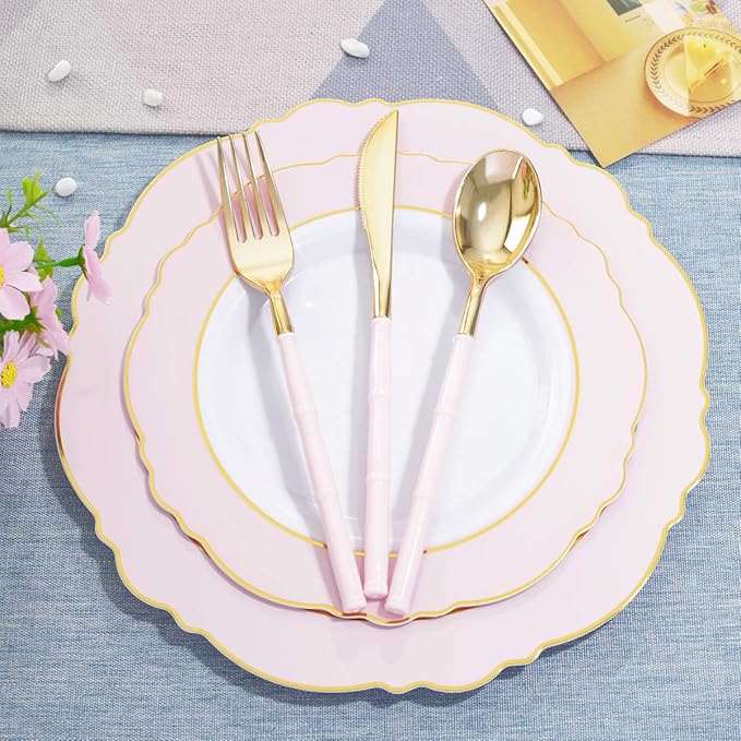 WDF 180Pieces Gold Plastic Silverware-Gold Plastic Cutlery with Pink Handle- Heavyweight Disposable Flatware-Disposable Utensils Include 60 Forks,60 Spoons,60 Knives for Wedding/Party