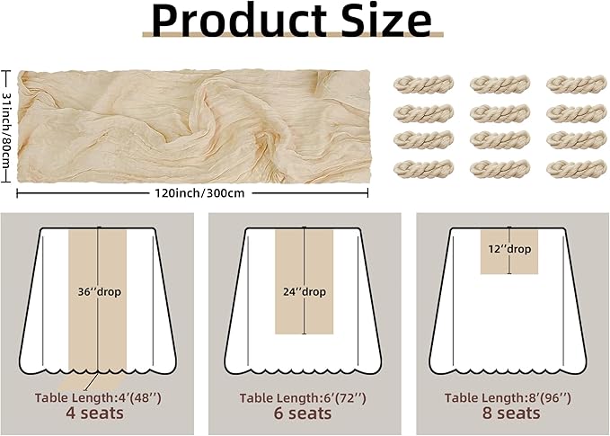 FEXIA 12 Pack Beige Table Runner 35x120 Inches for Baby Shower Decoration Gauze Rustic Table Runner for Wedding Party First Communion Centerpiece Engagement Bridal Shower Boho Decoration