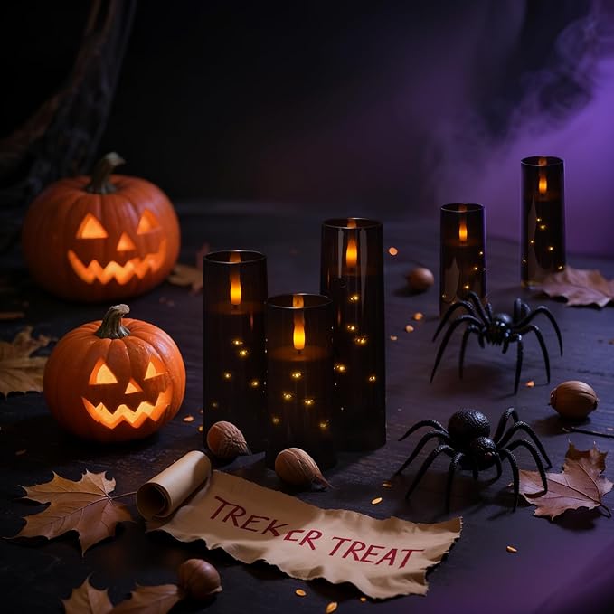 Raycare Flameless Candle with Remote Timer – 5 Flickering Acrylic Battery Operated LED Pillar Candles with Embedded Star String for Halloween, Home Decor, and as a Gift(Black)