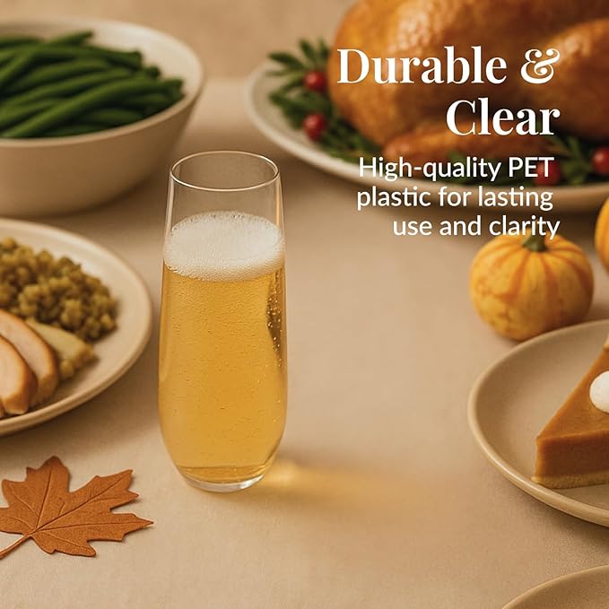 Prestee 24-Pack Stemless Champagne Flutes 9 oz - Clear Plastic Cups for Wine, Cocktails, and Mimosas - Elegant Disposable Flutes for Parties, Weddings, Birthdays, Holiday Dinners, and Celebrations