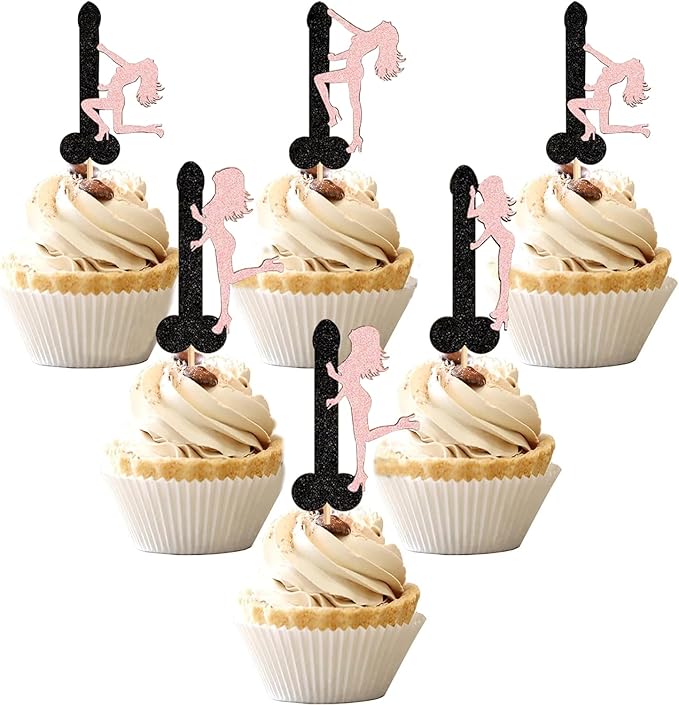 ZitTRo 28 Pcs Pole Dancing Girl Cupcake Toppers, Black-pink Glitter Pole Bachelorette Cupcake Picks, Pole Dancers Cupcake Decorations for Night Out Hen Movie Party，Valentine's Day