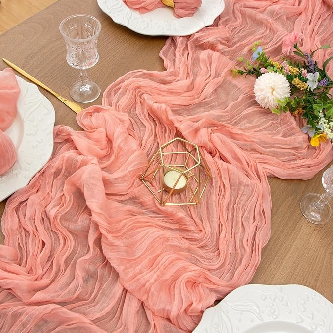 FEXIA Pink Cheesecloth Table Runner Spring Easter Table Runner 35x120 Inches for Mother's Day Bridal Shower Tea Party Spring Baby Shower Decor Table Centerpiece Decorations