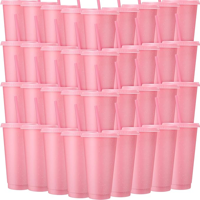 Honeydak 60 Pack Tumbler with Straw and Lid Bulk Cups for Gifts Glitter Plastic Coffee Cups 24-27 oz Reusable Water Bottle Iced Coffee Travel Mug Party Favors for Birthdays Travel (Light Pink)
