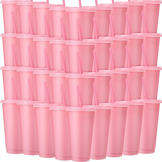 Honeydak 60 Pack Tumbler with Straw and Lid Bulk Cups for Gifts Glitter Plastic Coffee Cups 24-27 oz Reusable Water Bottle Iced Coffee Travel Mug Party Favors for Birthdays Travel (Light Pink)