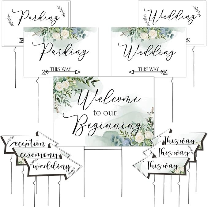 OurWarm 11 Pcs Wedding Direction Signs with Stakes, Wedding Welcome Signs Arrow Shaped Wedding This Way Directional Road Signs, Double Sided Printed Wedding Parking Sign Yard/Lawn Signs for Reception