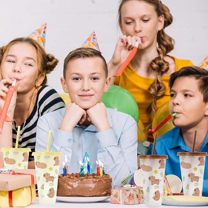 12 Pcs Capybara Birthday Decorations Plastic Cups with Lid and Straw 24 oz Capybara Cups for Party Favors Baby Shower Supplies