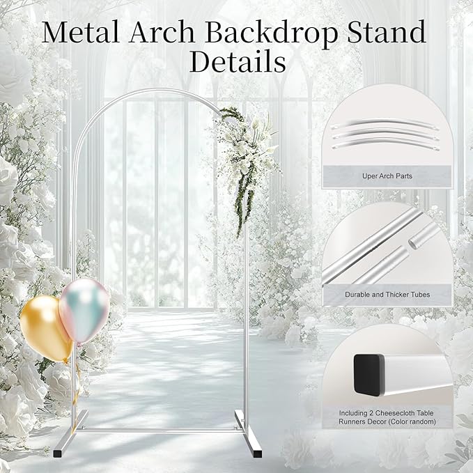 Metal Arch Backdrop Stand Set of 3, Heavy-Duty Balloons Arch Frame for Wedding Ceremony, Party, Baby Shower, Birthday Decorations (White, 4ft+5ft+6ft)
