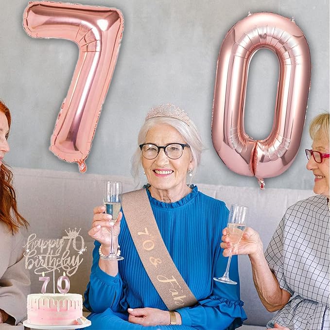 70th Birthday Gifts Decorations for Women, Including 70th Cake Toppers, Birthday Queen Sash with Pearl Pin, Sweet Rhinestone Tiara Crown, Number Candles and Balloons Set, Rose Gold
