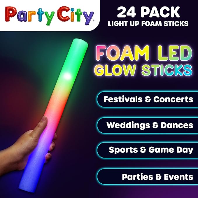 Party City 24pk LED Foam Glow Sticks 14”- Glow in the Dark Party Supplies Favors, Colorful Flashing Wand with 3 Modes, Light Up Foam Sticks Bulk Party Pack for Wedding, Birthday, Concert
