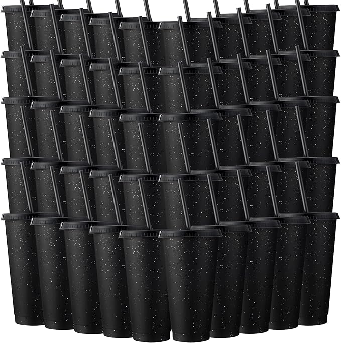 Honeydak 60 Pack Tumbler with Straw and Lid Bulk Cups for Gifts Glitter Plastic Coffee Cups 24-27 oz Reusable Water Bottle Iced Coffee Travel Mug Party Favors for Birthdays Travel (Black)