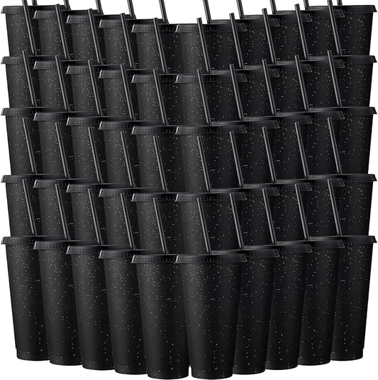 Honeydak 60 Pack Tumbler with Straw and Lid Bulk Cups for Gifts Glitter Plastic Coffee Cups 24-27 oz Reusable Water Bottle Iced Coffee Travel Mug Party Favors for Birthdays Travel (Black)