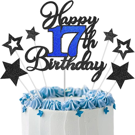 17th Birthday Cake Topper, Black Blue Happy 17th Birthday Cake Toppers for Boy Girl, 17 Years Old Birthday Party Supplies, Glitter Cake Decor, 17th Birthday Cake Decorations