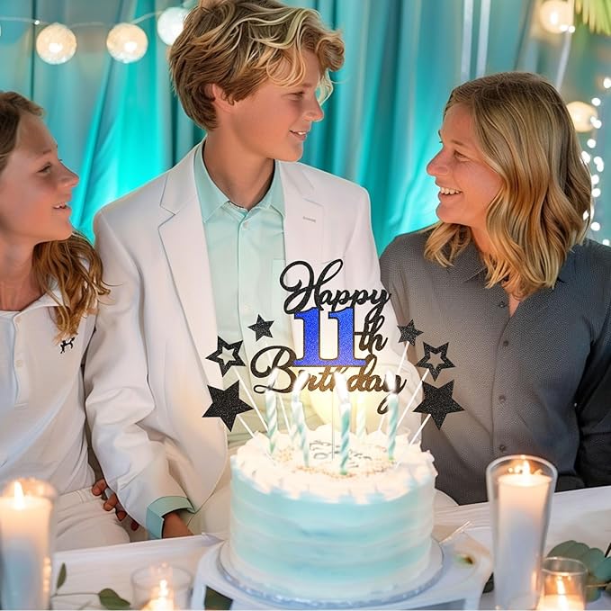 11th Birthday Cake Topper, Black Blue Happy 11th Birthday Cake Toppers for Boy Girl, 11 Years Old Birthday Party Supplies, Glitter Cake Decor, 11th Birthday Cake Decorations