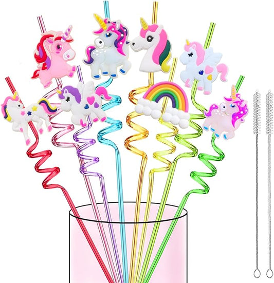 LEDUO 24Pcs Reusable Unicorn Drinking Plastic Straws-Party Supplies-Party Favors Decorations-Rainbow Unicorn Theme Birthday Party Drinking Straw for Kids Girls Boys with 2 Cleaning Brushes