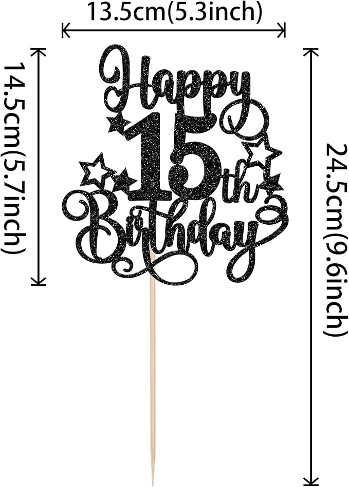 1 PCS Happy 15th Birthday Cake Topper Glitter Cheers to 15 Years Birthday Cake Pick Hello 15 Fabulous Cake Decoration for Happy 15th Birthday Anniversary Party Decorations Supplies Black
