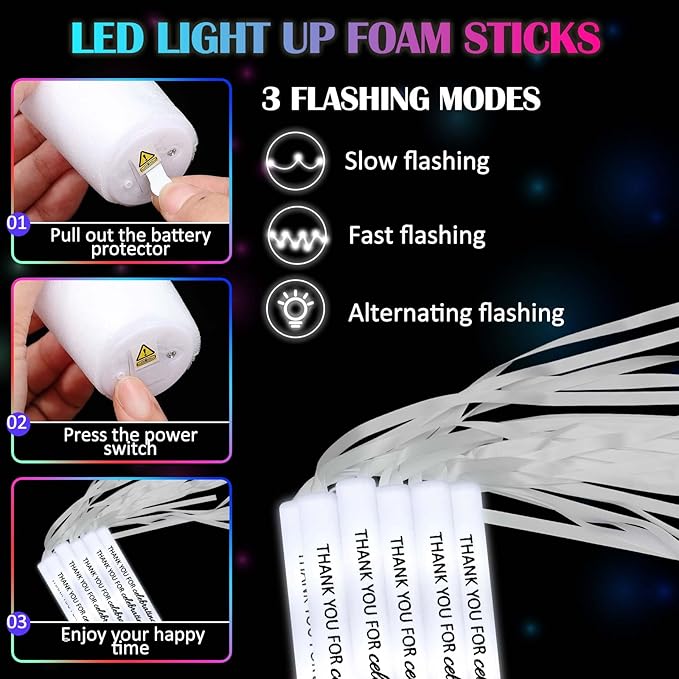 50 Pack White LED Party Foam Light Sticks Batons with Triple Ribbon Wedding Thank You Celebrating Wands 3 Color Lighting Modes for Guests Send Off, Christmas, Festivals, Birthday Party