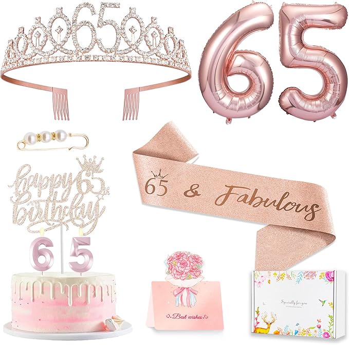 65th Birthday Gifts Decorations for Women, Including 65 year old Birthday Cake Topper,Queen Sash with Pearl Pin, Sweet Rhinestone Tiara Crown, Number Candles and Balloons Set, Rose Gold