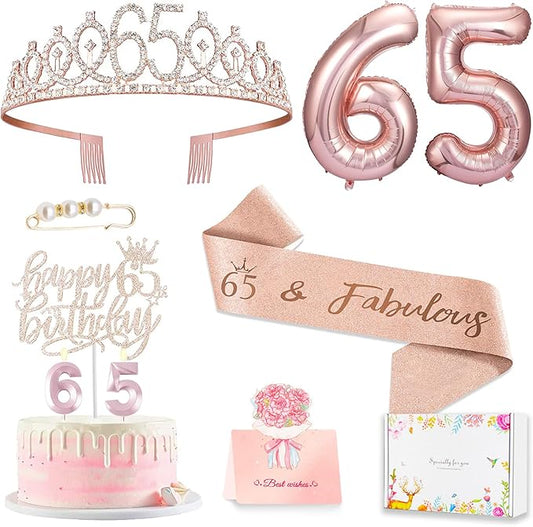 65th Birthday Gifts Decorations for Women, Including 65 year old Birthday Cake Topper,Queen Sash with Pearl Pin, Sweet Rhinestone Tiara Crown, Number Candles and Balloons Set, Rose Gold
