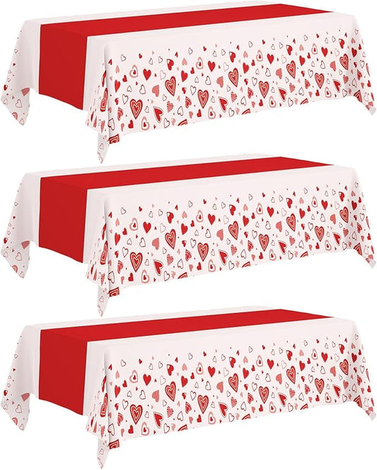 Valentine's Day Tablecloth 3-Pack, 54x108 Inch Disposable Plastic Table Covers, Red Heart Themed Decor for Romantic Party, Wedding, Anniversary, and Valentine's Day Table Decorations