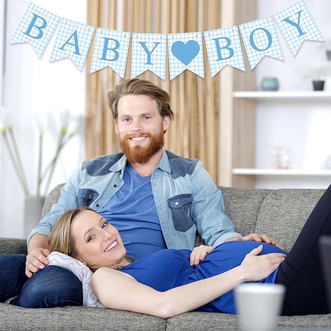 1 Pcs Blue Gingham Baby Boy Banner for Party Decorations Blue Pre Strung Baby Shower It's a Boy Gender Reveal Paper Banner for Table, Wall or Mantel Display Party Decor Supplies