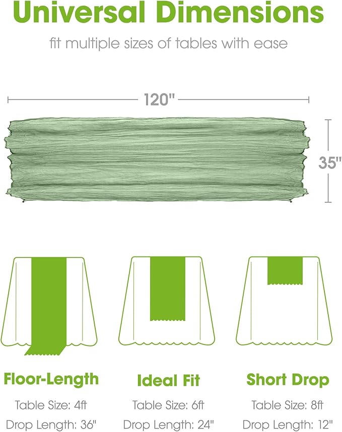 Pureegg 6-Pack Cheese Cloths Table Runner, 120'' Boho Table Cloth Decorations for Party, Baby Shower, Wedding and Farmhouse, Fabric Room Decor, Sage Green