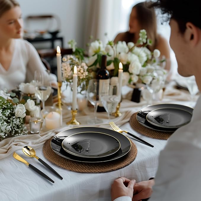 150 PCS Black Gold Plastic Utensils for 50 Guests, Gold Disposable Silverware with 50 Knives, 50 Spoons and 50 Forks, BPA Free, Ideal for Weddings, Birthdays & Graduation