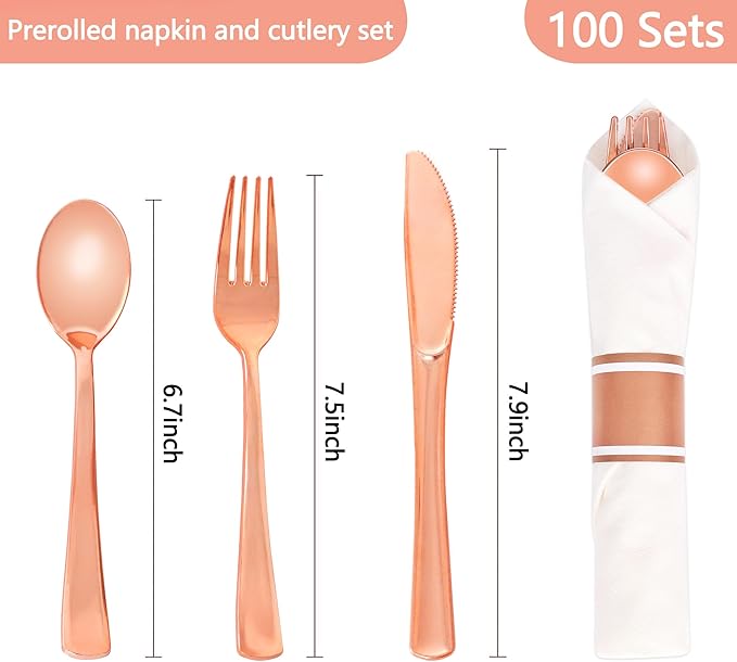 100 Pack Pre Rolled Rose Gold Plastic Silverware Set,Wrapped Plastic Cutlery Set with Napkin Include 100 Forks,100 Spoons,100 Knives and 100 White Napkins for Party, Wedding,showers