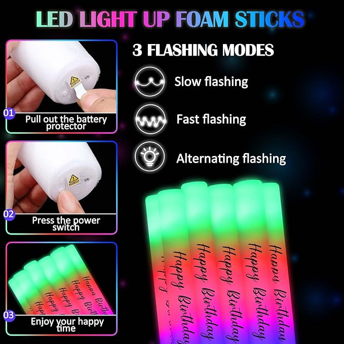 50 Pack Colorful LED Party Foam Light Sticks Batons with Triple Ribbon Birthday Glow Sticks with 3 Color Lighting Modes for Birthday Party, Guests Send Off, Christmas, Festivals